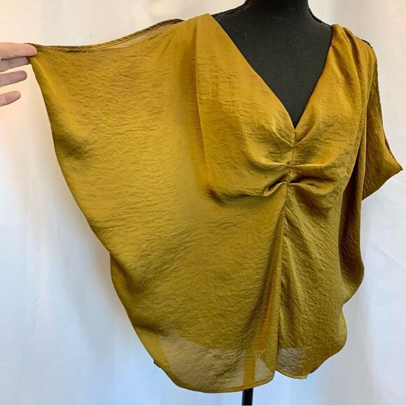 OXMO mustard khaki green V neck web sleeve blouse Sz M - Picture 6 of 14